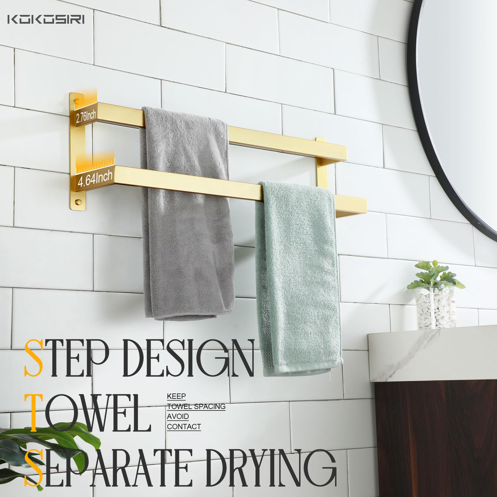 KOKOSIRI 24 Inch Double Towel Bar Bath Towel Racks Bathroom Towel Holder Towel Storage Towel Shelf Wall Mounted Stainless Steel Matte Black B5010BK- L24