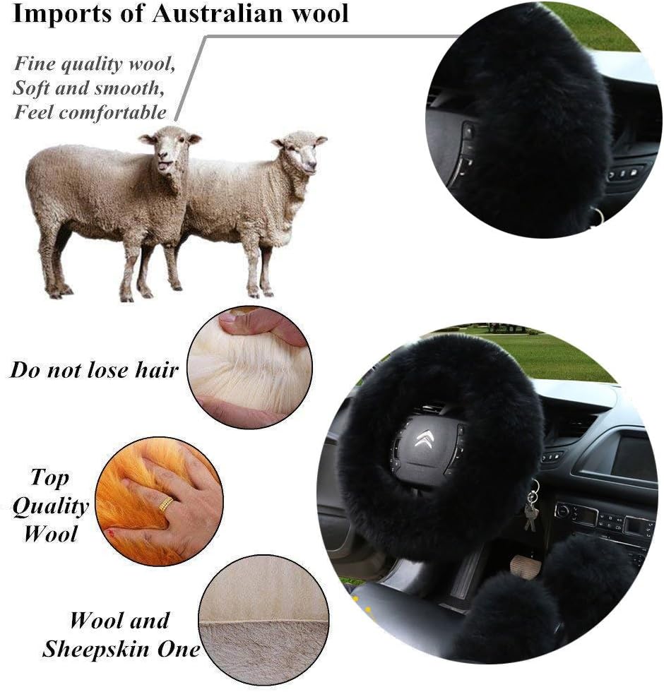 Multicolor Fuzzy Steering Wheel Cover Car Accessories Universal Fit Car Steering Wheel Gear Shift Cover Handbrake Cover (Black)