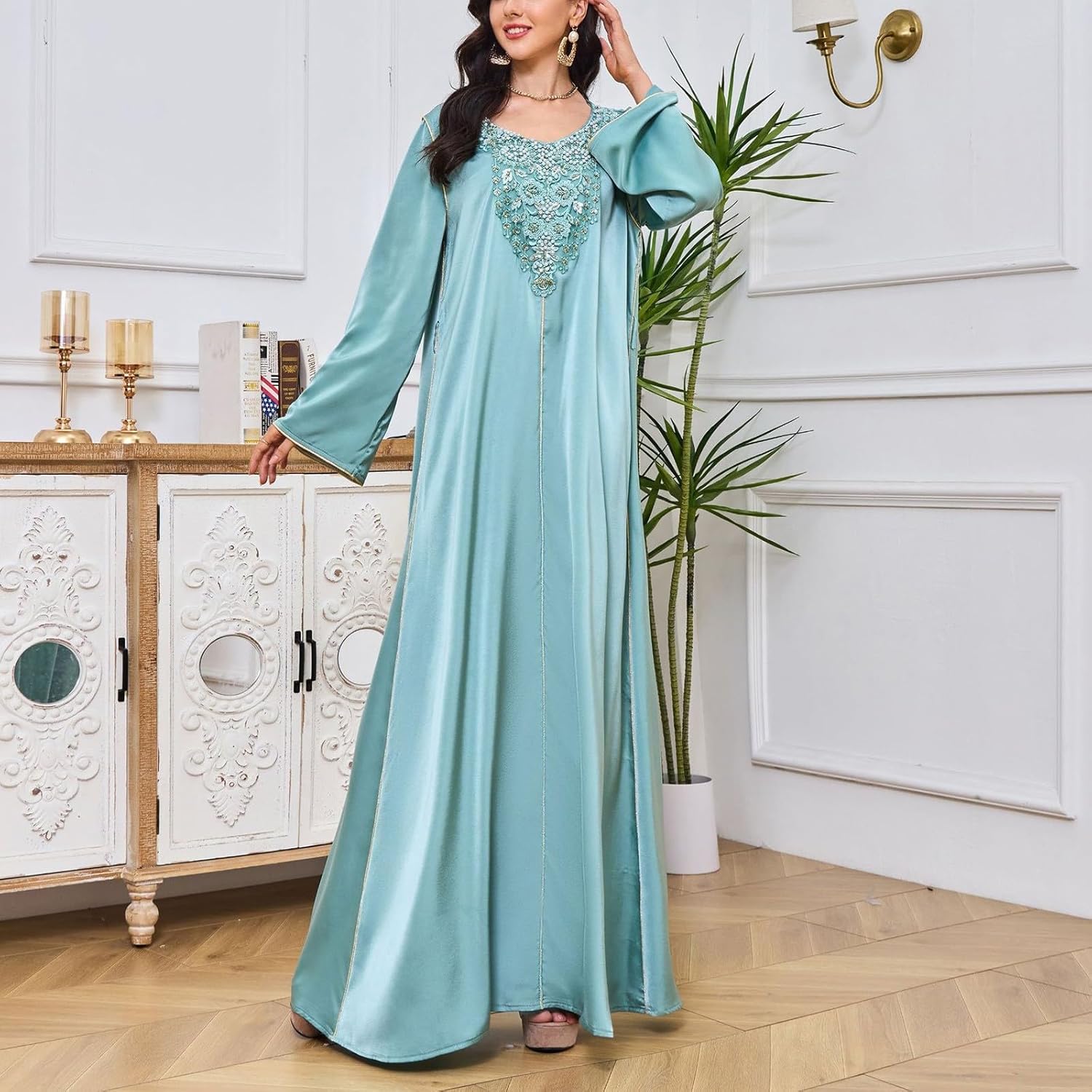 Abaya for Women Muslim Applique Embroidery Long Sleeve Maxi Dress Loose Full Cover Islamic Dubai Kaftan Robe with Belt
