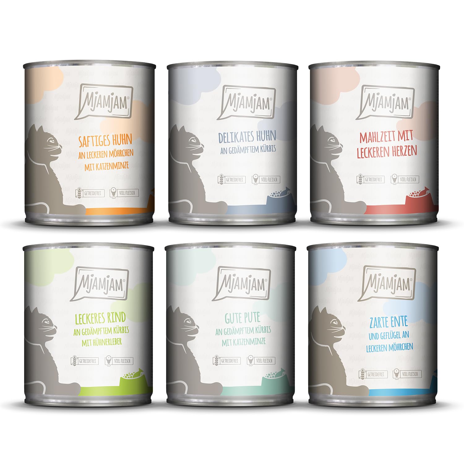 MjAMjAM - Premium Nassfutter für Katzen - Mixpaket III - Huhn & Kürbis, Pute, Ente & Geflügel, Herzen, Huhn, Rind, 6er Pack (6 x 800 g), getreidefrei mit extra viel Fleisch