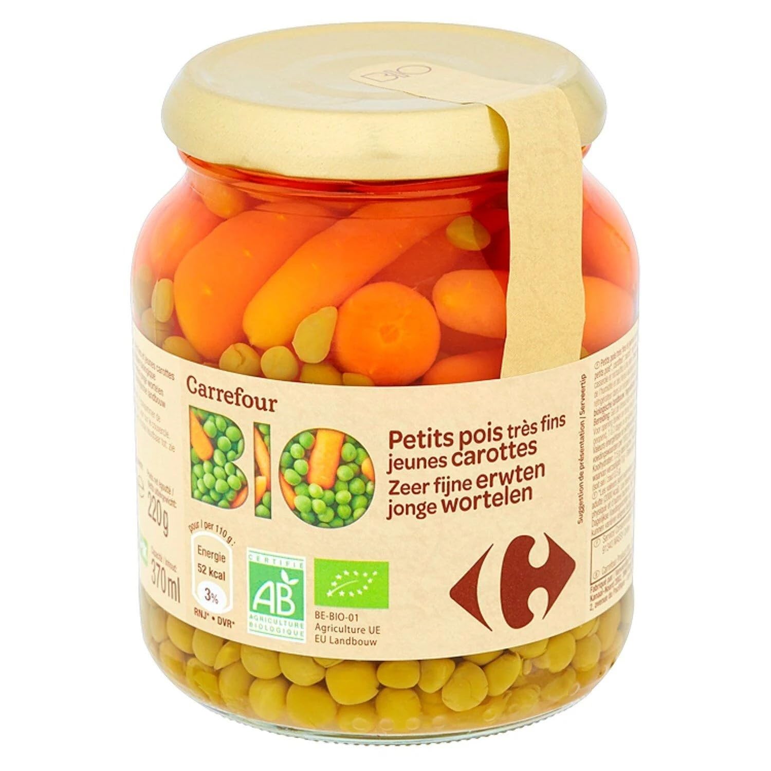 CARREFOUR BIO - Petits Pois Très Fins et Jeunes Carottes Bio - le pot de 220g net égoutté - 340g - Le Lot De 4