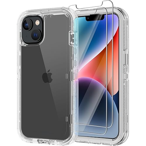 for iPhone 14 Clear Case with 2 Screen Protector,[Not Yellowing] Military Grade Drop Protection Thick Anti-Fall Transparent Heavy Duty Shockproof Phone Cover for Apple iPhone 14 6.1" (Clear)