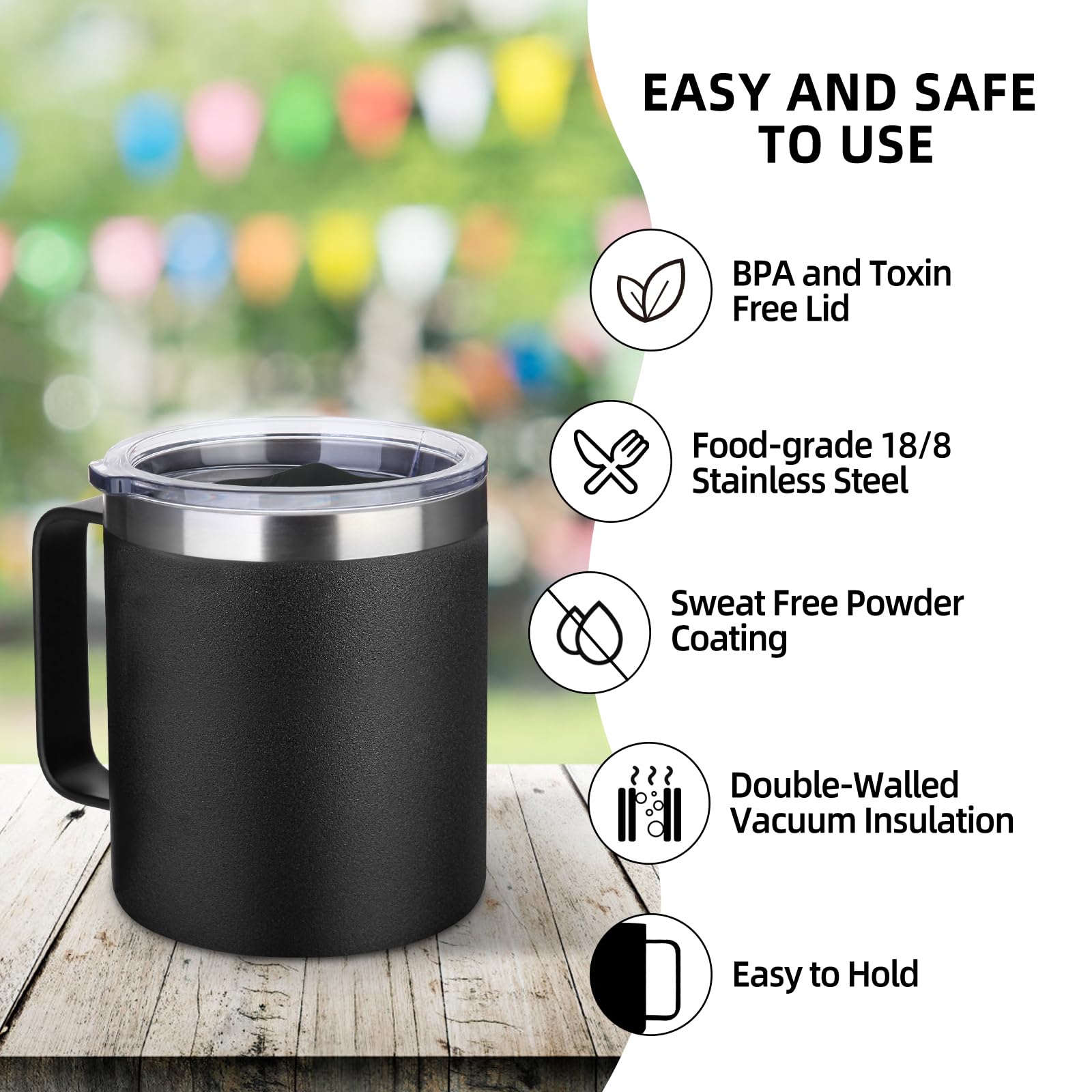 Volhoply 14oz Insulated Stainless Steel Coffee Mug with Leakproof Lid,Double Wall Vacuum Travel Coffee Cup with Handle,Reusable Metal Tumbler,Camping Mugs Keep Hot/Cold,Christmas Gifts(Black,1 - Image 4