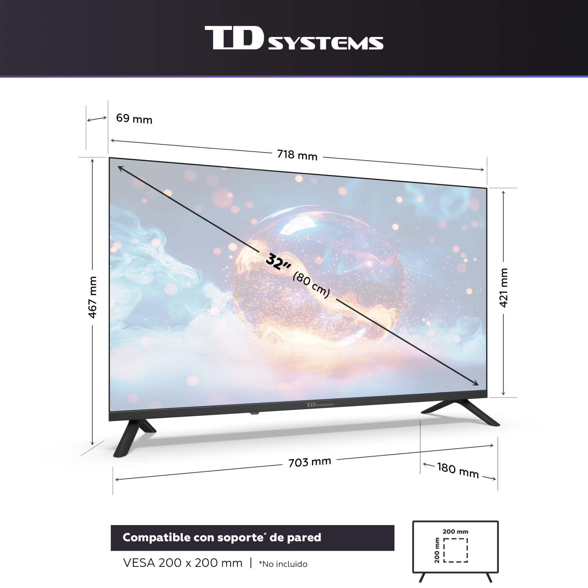 TD Systems - Televisor 24 Pulgadas no Smart TV, televisión TDT 2025, televisores con 3 años de garantía, HDMI, USB Reproductor y Grabador - PRIME24M20H