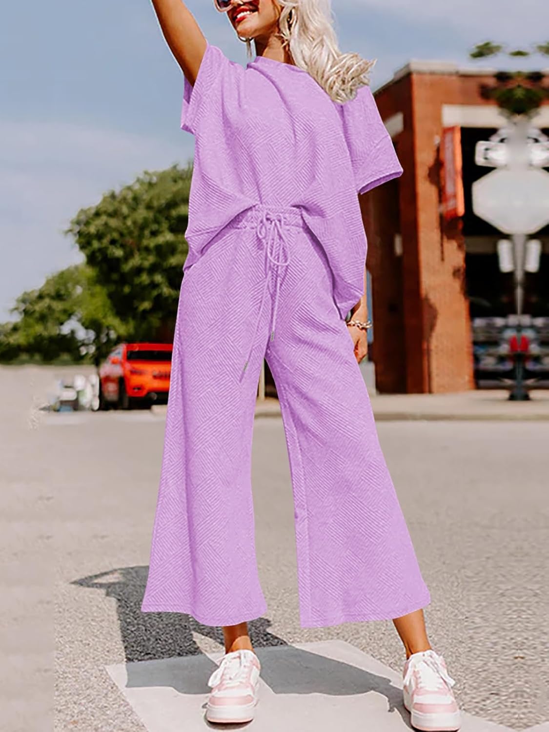 Fazortev Womens 2 Piece Outfits Sweatsuit Short Sleeve Tops and Drawstring Waist Cropped Wide Leg Pants Loungewear Sets - Image 4