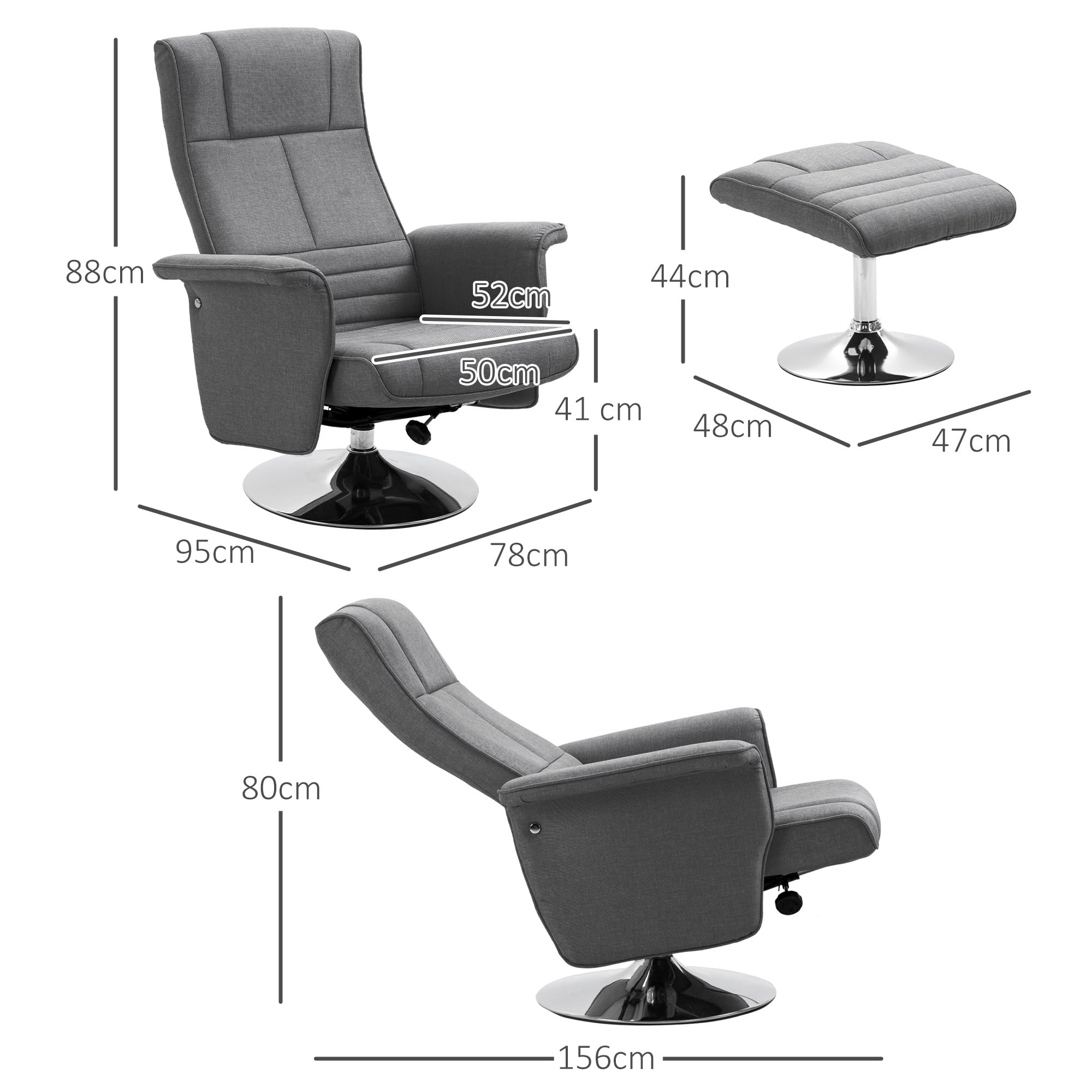 HOMCOM Fauteuil Relax massant avec Pouf, Fauteuil TV avec Fonction Chaise Longue, siège pivotant à 360° Assise rembourrée Confortable, jusqu'à 120 kg, pour Salon, Chambre, Tissu Effet Lin, Gris foncé