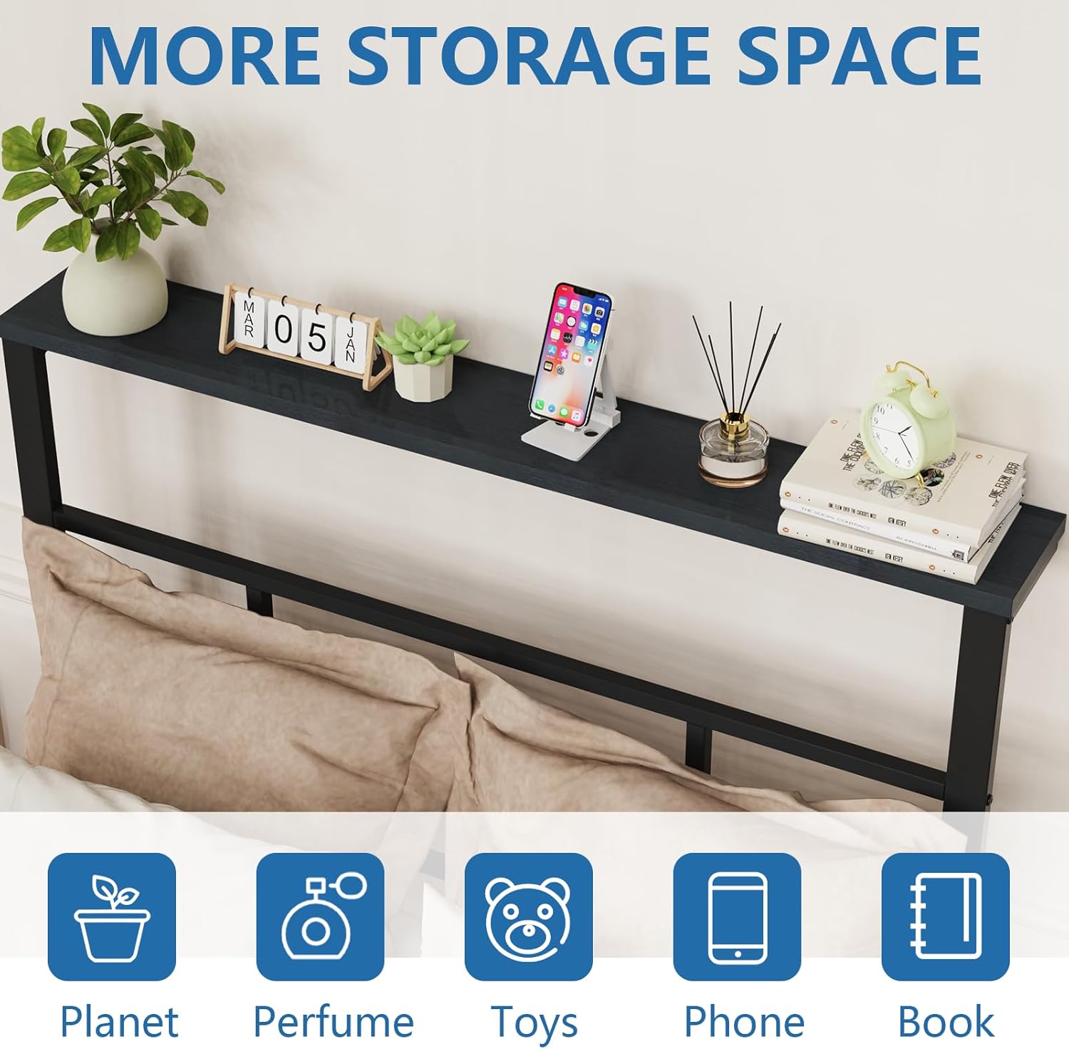 TFK Twin Bed Frames with Headboard, Twin Size Bed Frame with Underbed Storage Space, Heavy Duty Sturdy Twin Metal Bed Frame, Easy Assembly, No Box Spring Needed, Black