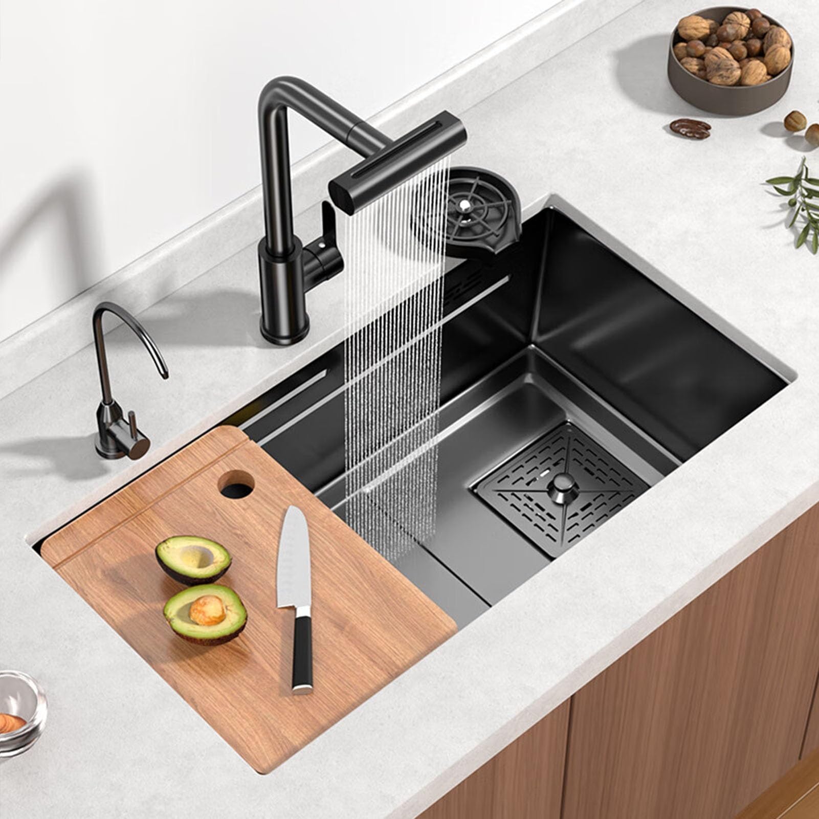 ZQFHSX Stainless Steel Drop-In Kitchen Sink - Waterfall Design with Pull Down Sprayhead Faucet Single Bowl Workstation Black Finish 72x45x20cm Includes Multiple Accessories