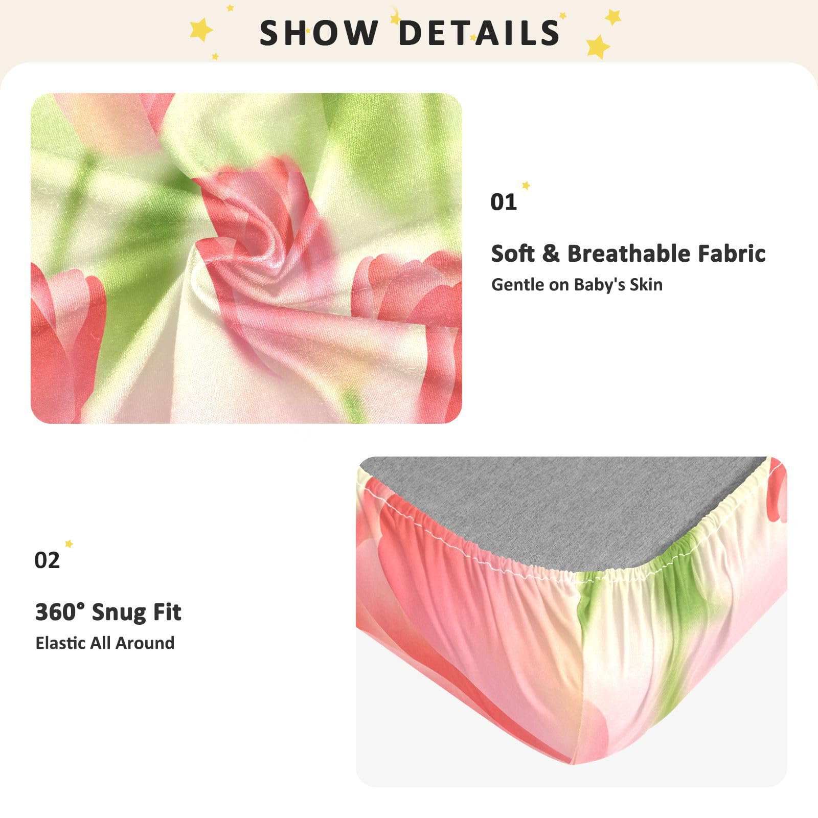 Sábanas para cuna de bebé con patrón verde de tulipanes rojos primaverales para niños y niñas, sábanas de algodón suaves y transpirables para decoración de guardería, 1 paquete de decoración para cuna