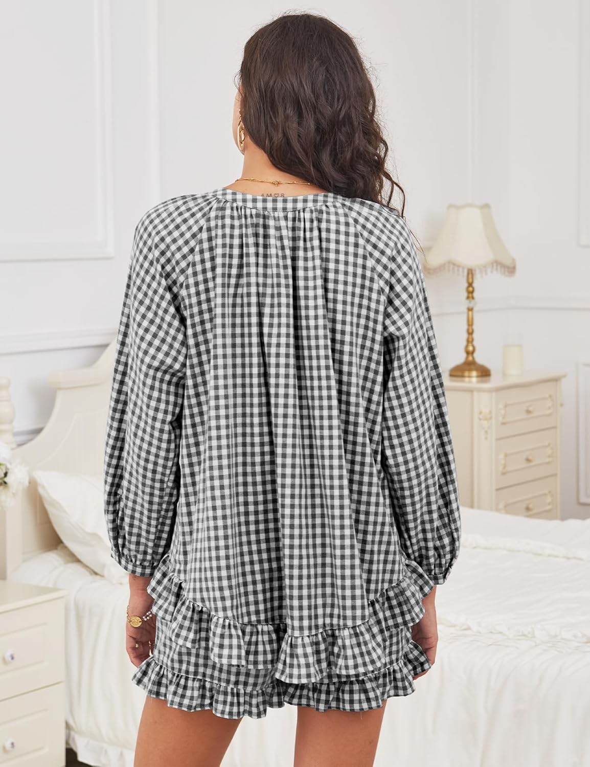 PHEMEA Women's 2 Piece Gingham Pajama Set, Plaid Long Sleeve Top and Ruffle Shorts Lounge Pjs Sleepwear - Image 4