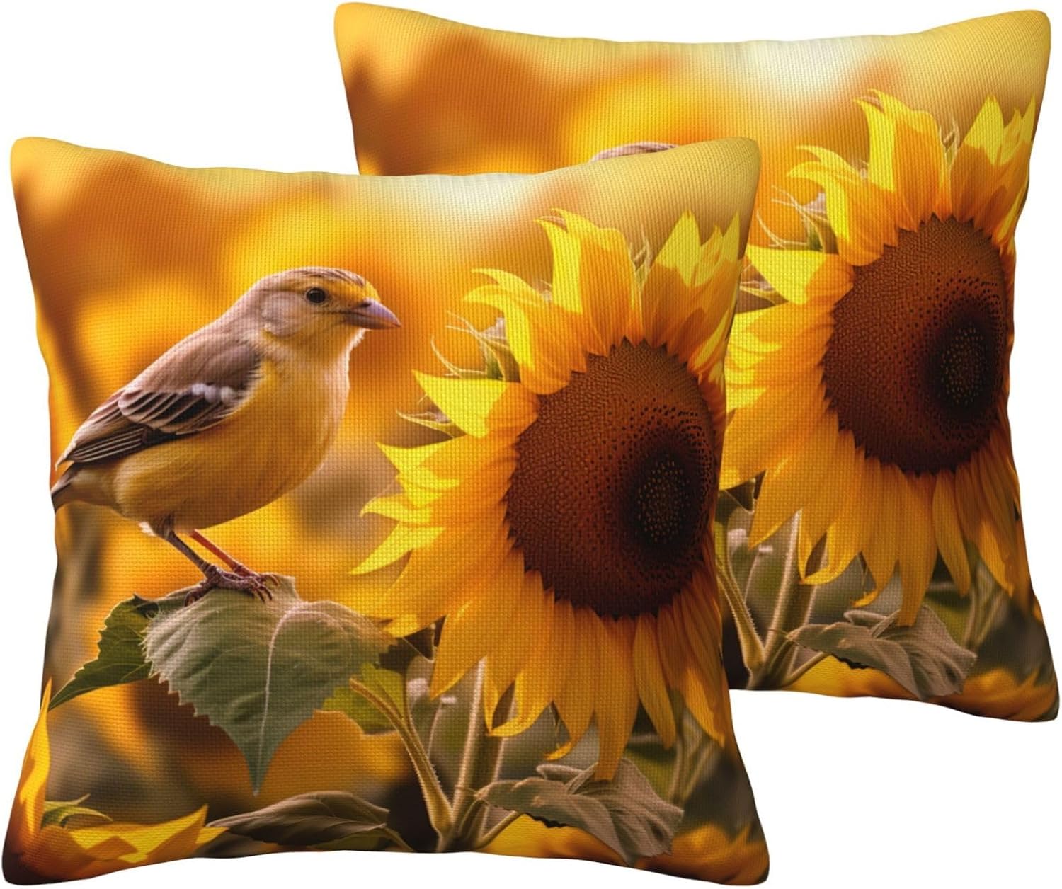 Birds & Sunflower Imitation Linen Pillowcase -2 Sets, Fashionable Home Decoration, Used for Sofas, Gardens, beds