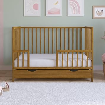 Love For Sleep ASHER Baby Cot Bed 120x60cm with Quilted Microfiber Foam Mattress   Convertible Wooden Toddler Bed with Large Drawer and Included Guard Rail Golden Oak