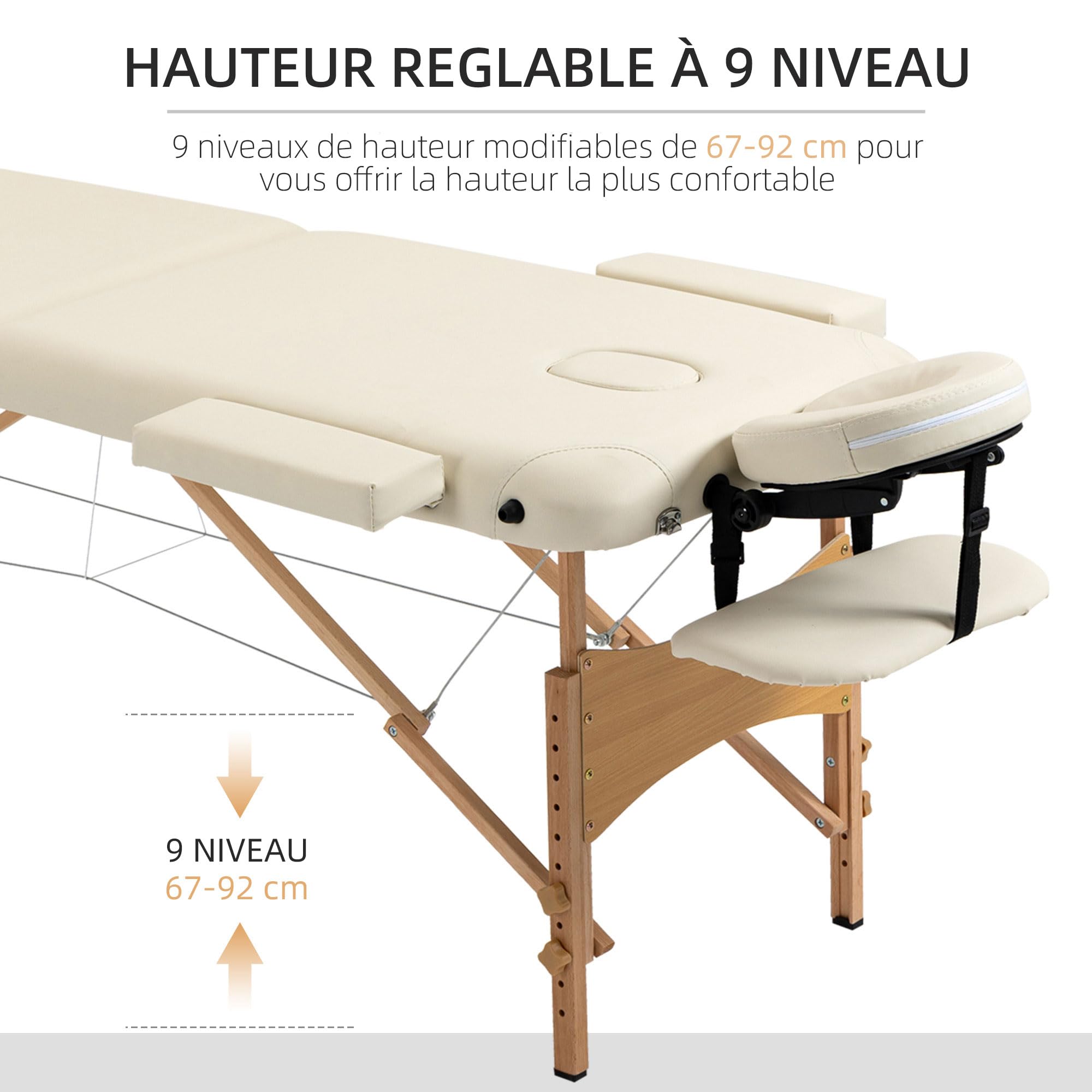 HOMCOM Lit/Table de Massage cosmetique Pliable en Bois 2 Zones crème