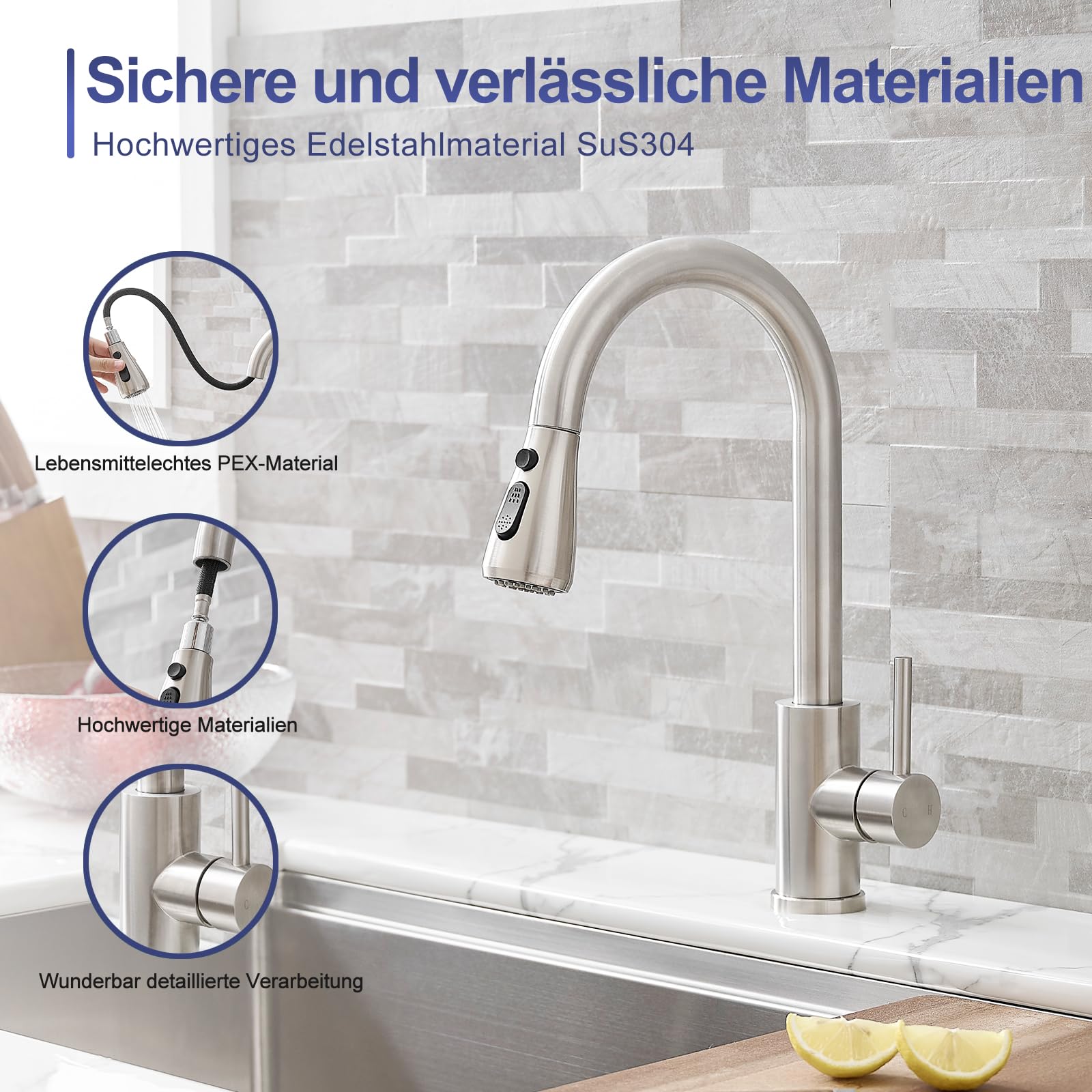 GENBONS Wasserhahn Küche, Edelstahl, Hochdruck Küchenarmatur mit Herausziehbarer Brause Ausziehbar Armatur, Mischbatterie Spültischarmatur, 360° Schwenkbar Zwei Sprühfunktionen