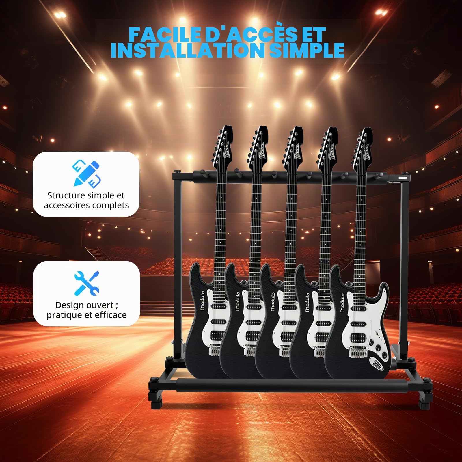 Support de guitare multiple - Organiseur - Structure en fer et caoutchouc rembourré - Pour guitare acoustique, électrique ou basse - 5 pièces