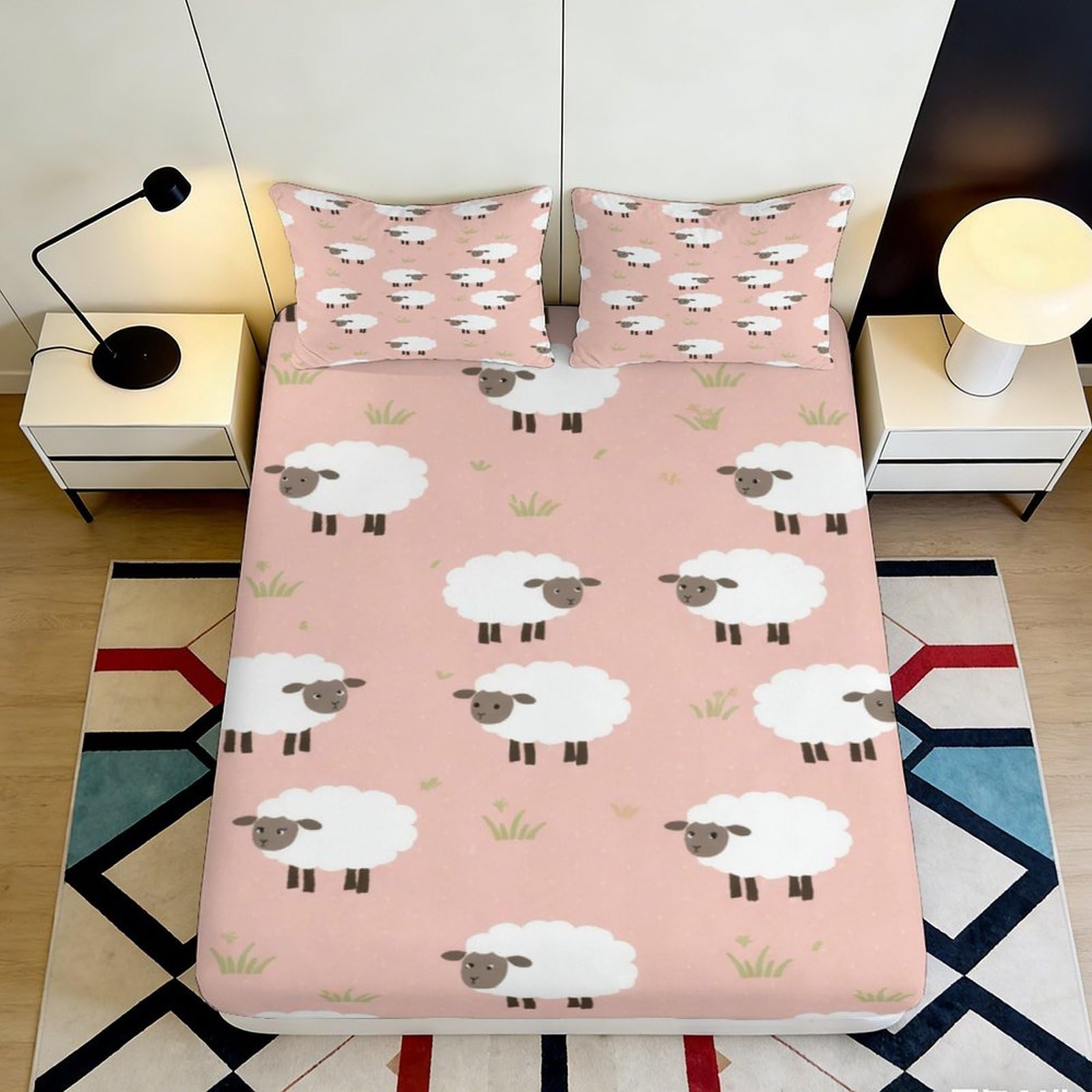 3D Printed Pink Sheep Fitted Sheet Microfiber Soft Anti-Slip Cartoon Star Mattress Cover for Bedroom Guest Room Easy Care 90x200x25cm