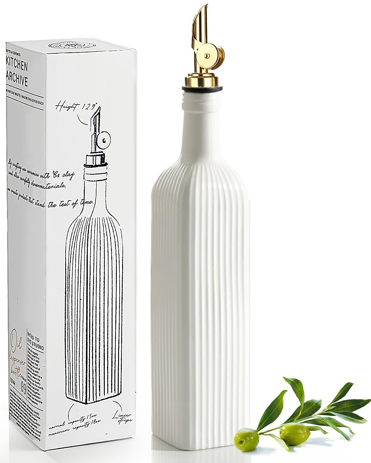 getstar 18 oz Olive Oil Dispenser Bottle for Kitchen, Ceramic Oil Bottle with Automatic Stainless Steel Pourer (Golden Pourer) White Golden Pourer