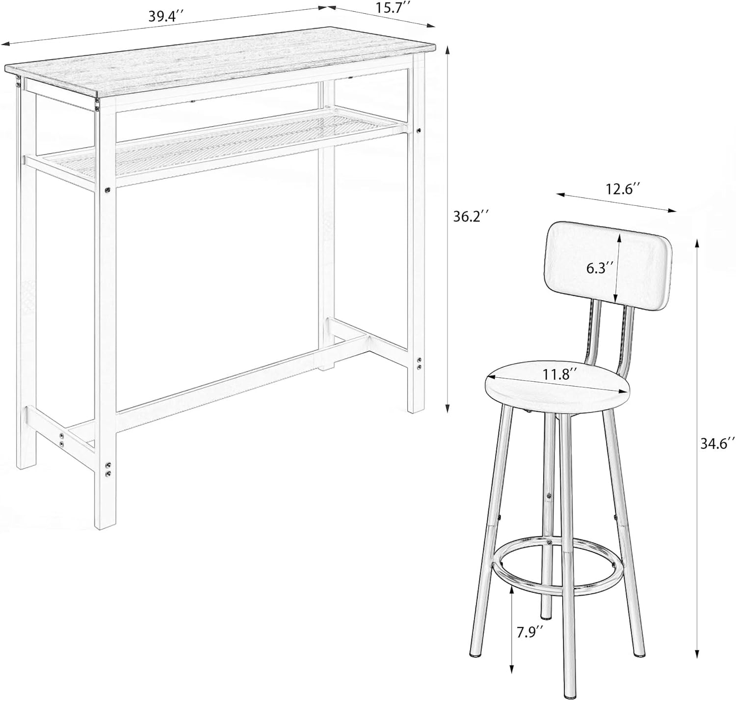 JIJIWANG 3 Piece Bar Table Set, Bar Table and Chairs Set of 2 with Metal Frame and Storage Rack, Modern Counter Height Table with 2 Stools for Kitchen, Dining Room, Living Room, Wood Top, Grey