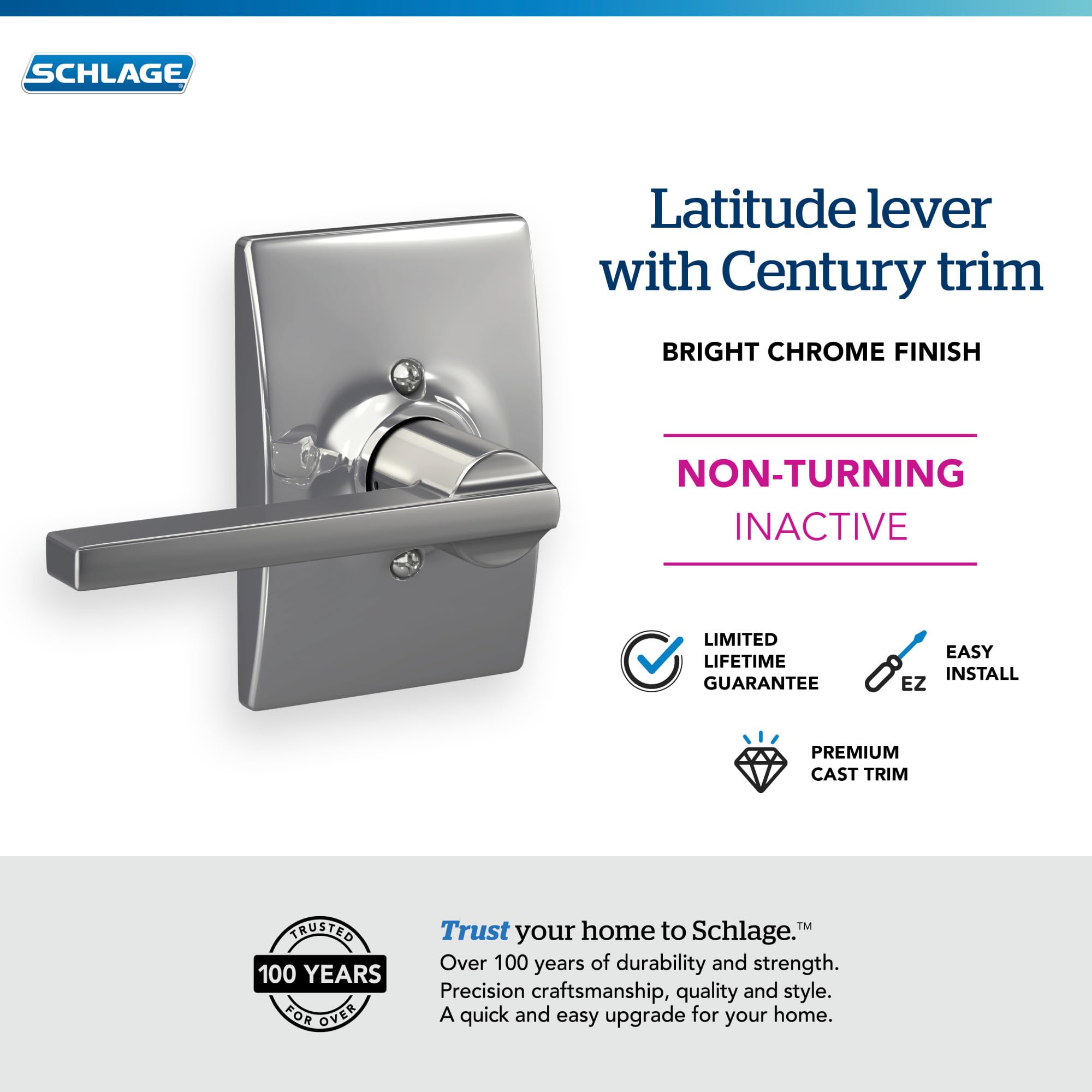Schlage F170LAT625CEN Century Collection Latitude Decorative Trim Lever, Bright Chrome, Decorative Trim_Latitude - Image 3