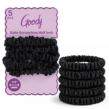 Goody Ouchless Half Inch Satin Scrunchies, Frizz Fighting, No Damage Scrunchies, All Hair Types, Gentle, Secure & Creaseless Hair Ties for Day and Overnight, Gifts for Women & Girls, 5 Ct, Black