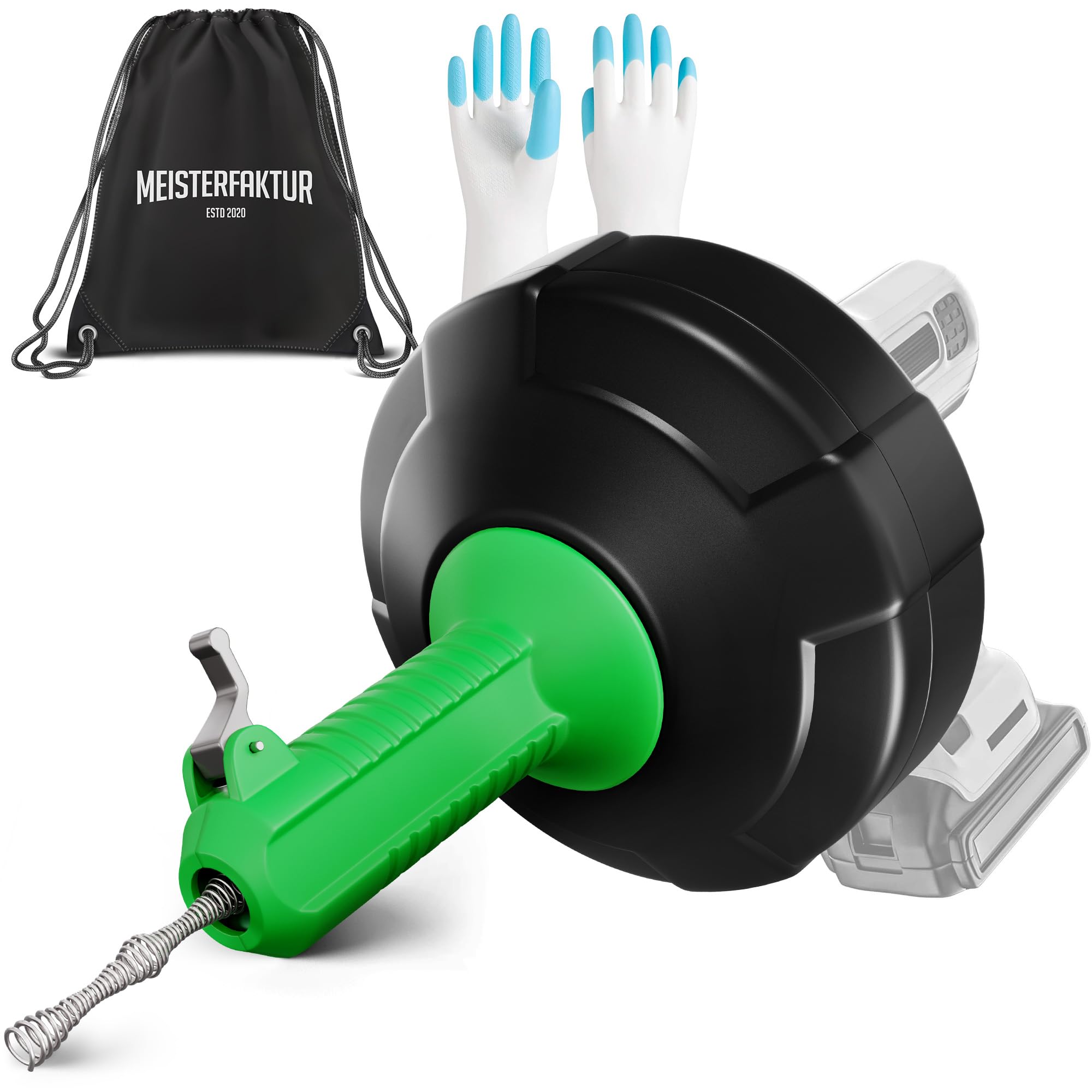 meisterfaktur drain snake [50 ft] - auto feed - ideal plumbing snake for sink and drain unblocking - solid drain auger for real dyis!