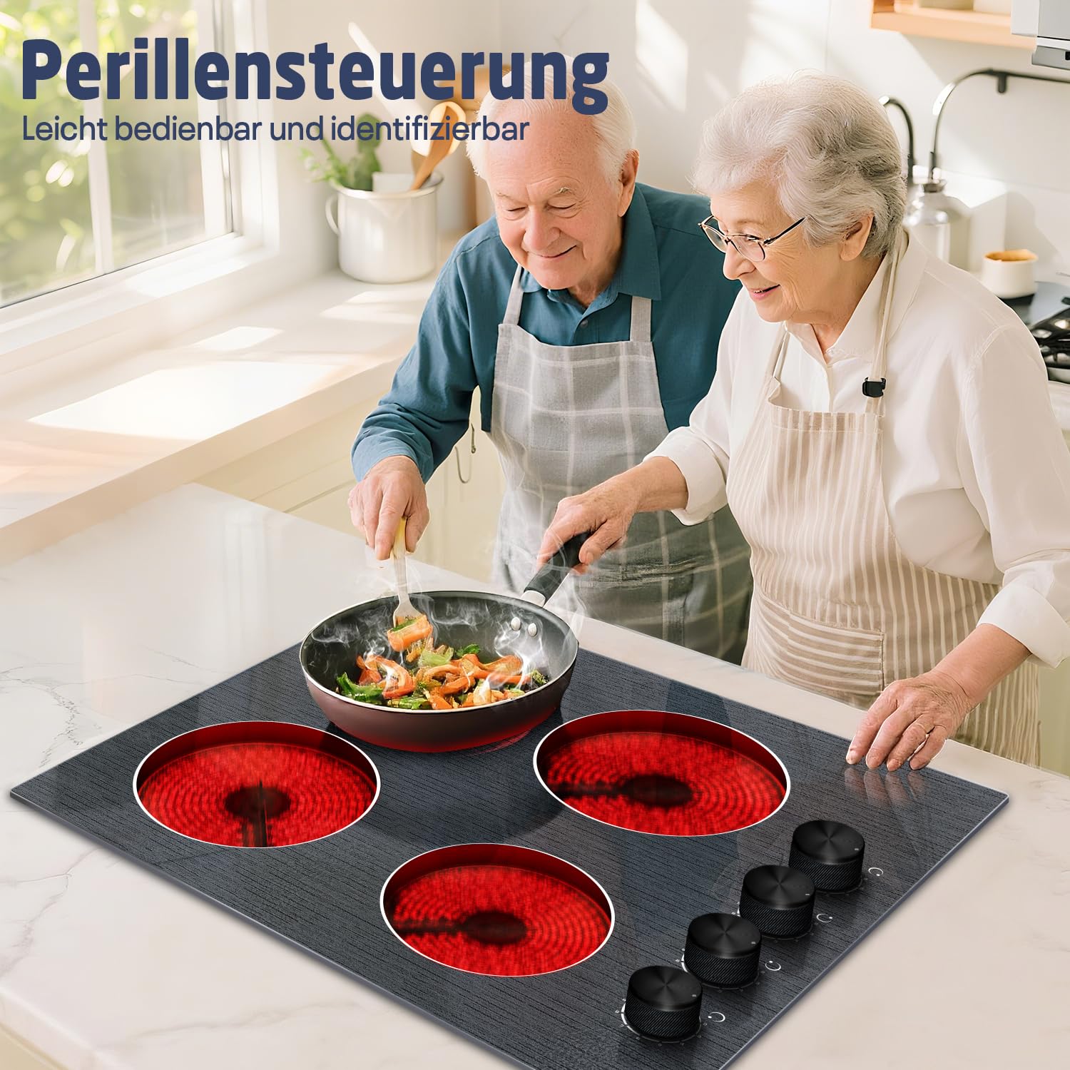 Keramikochfeld 4 Platten mit Knopfsteuerung, Glaskeramikkochfeld 60cm,6000W | Elektrokochfeld Einbau 4 Zonen mit 9 Leistungsstufen, 220V-240V, Kein Stecker