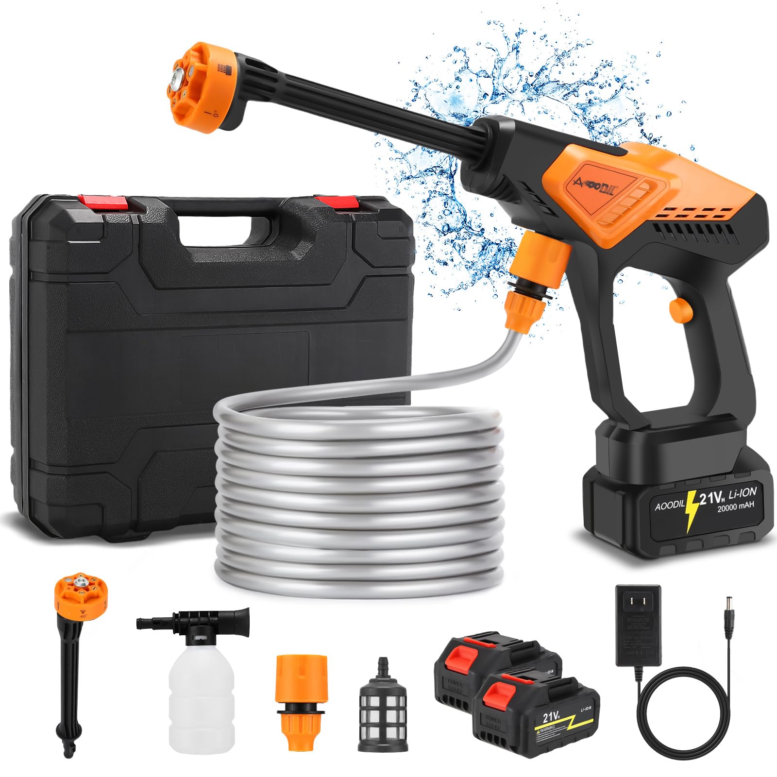 High Pressure Washer, Battery Pressure Washer with 6 in 1 Nozzle, Pressure Water Gun with 2 Batteries, Cordless Washing Machine for Cleaning Car, Terrace, Garden (JH-12 Orange)