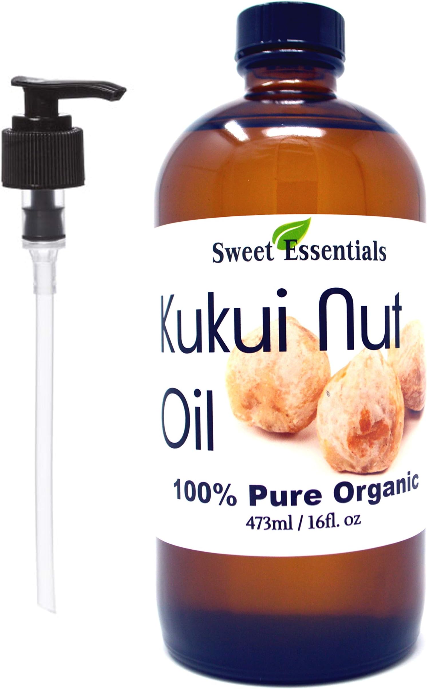 100% Organic Kukui Nut Oil | Imported From Hawaii | Various Sizes | 100% Pure | Cold-Pressed | Natural Moisturizer for Skin, Hair and Face | By Sweet Essentials (16 fl oz Glass Bottle With Pump)