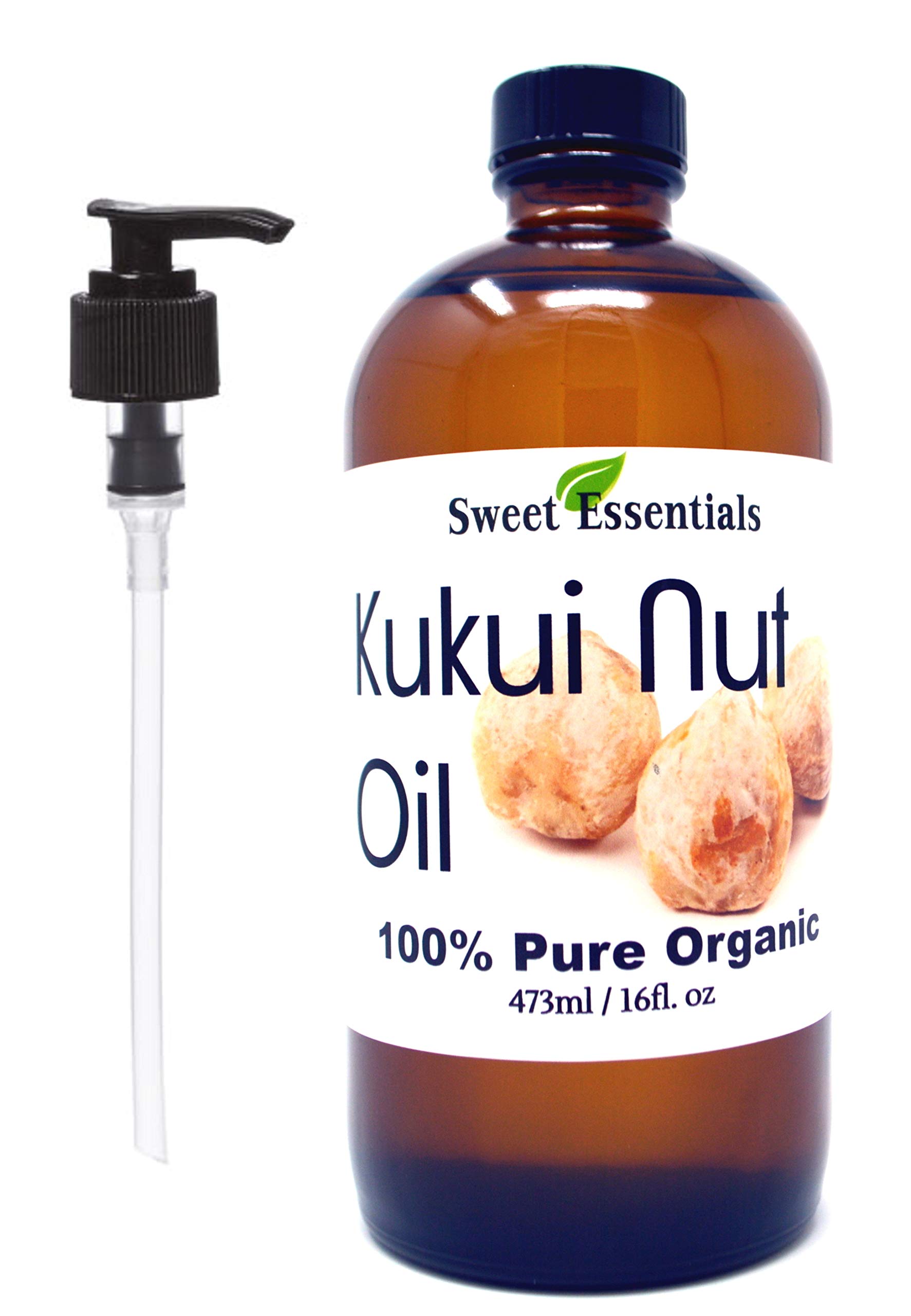 100% Organic Kukui Nut Oil | Imported From Hawaii | Various Sizes | 100% Pure | Cold-Pressed | Natural Moisturizer for Skin, Hair and Face | By Sweet Essentials (16 fl oz Glass Bottle With Pump)