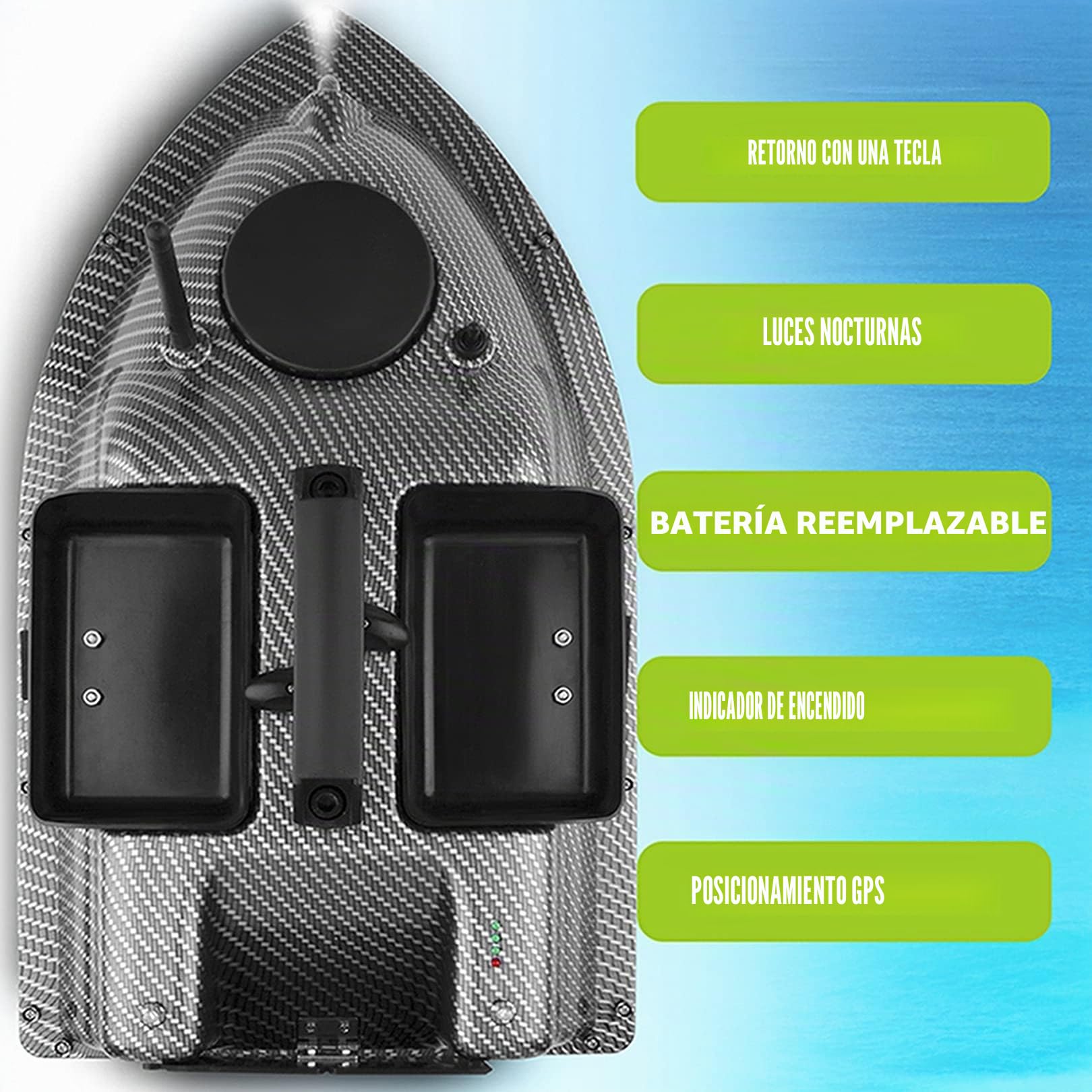 Barco de cebo a control remoto, barco de pesca con control remoto, posicionamiento GPS, barco de cebo de 500 m con luz nocturna LED (GPS 12000 mAh, fibra de carbono)