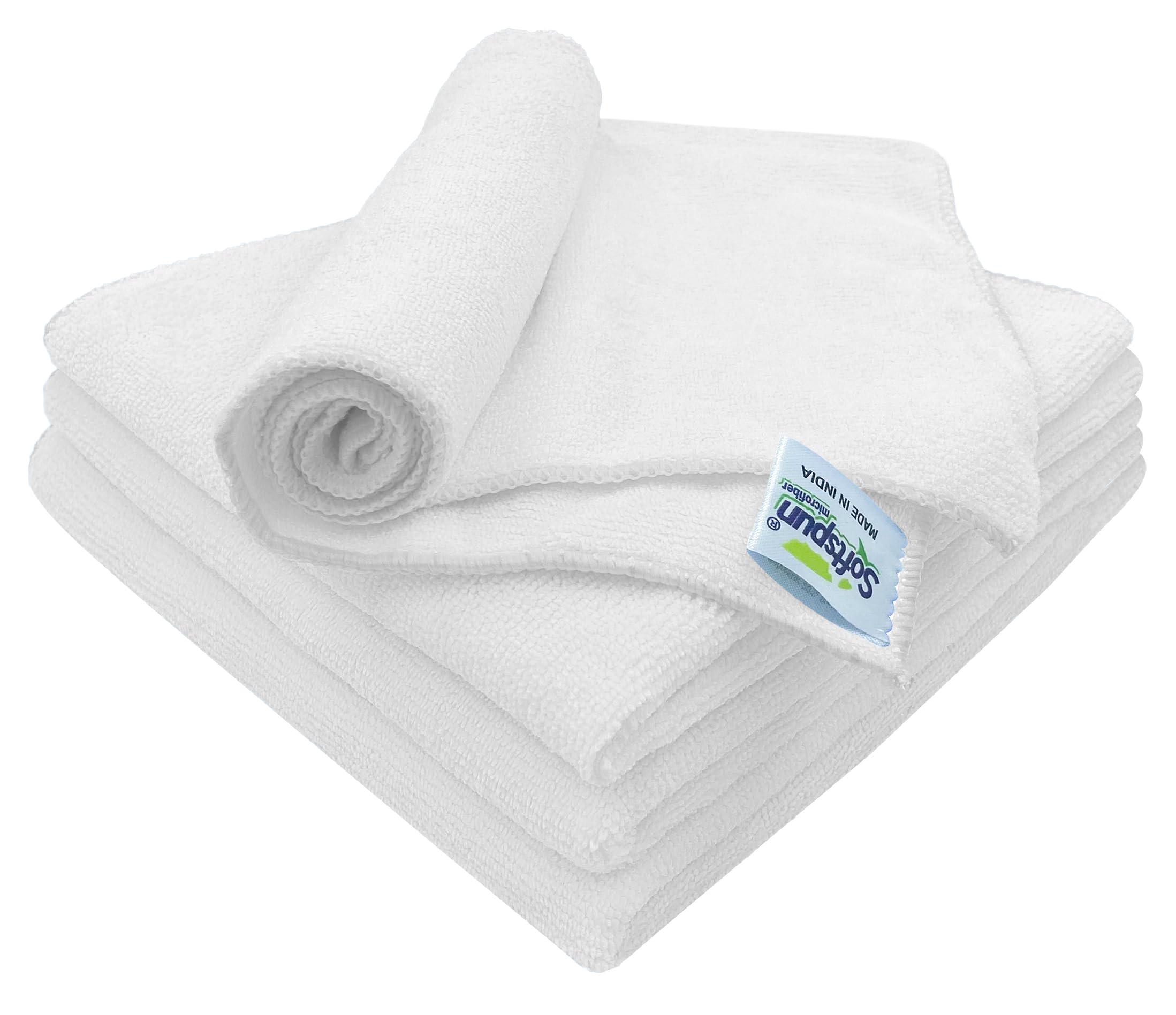 SOFTSPUN Microfiber Cloth - 4 pcs 40x40 cms 340 GSM White Thick Lint & StreakFree Multipurpose Cloths Automotive Microfibre Towels for Car Bike Cleaning Polishing Washing & Detailing.