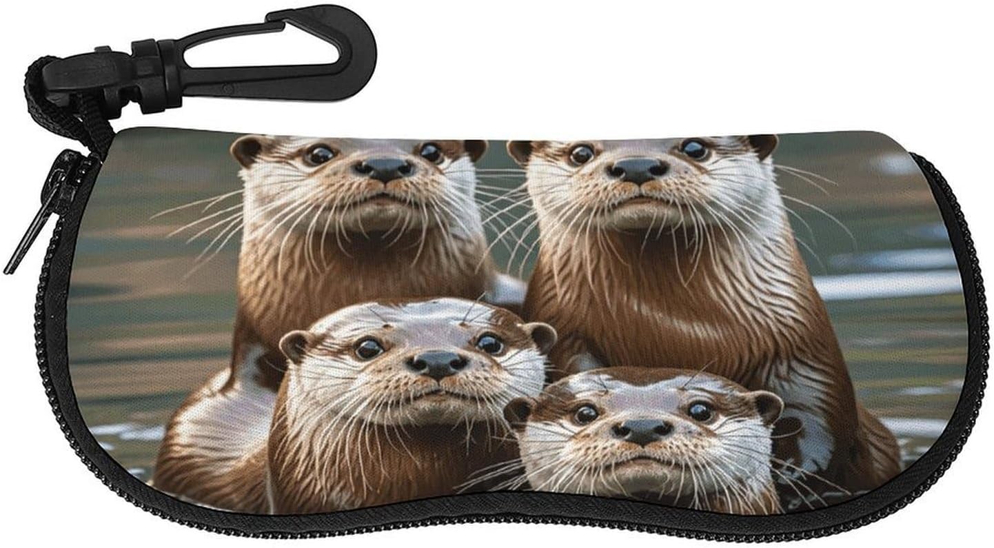 Three Brown Otters Sunglasses Case with Hook Waterproof Zip Eyeglass Organizer for Reading Computer Driving Prescription Glasses Sports Goggles Crash Proof Eyewear Protective Sleeve