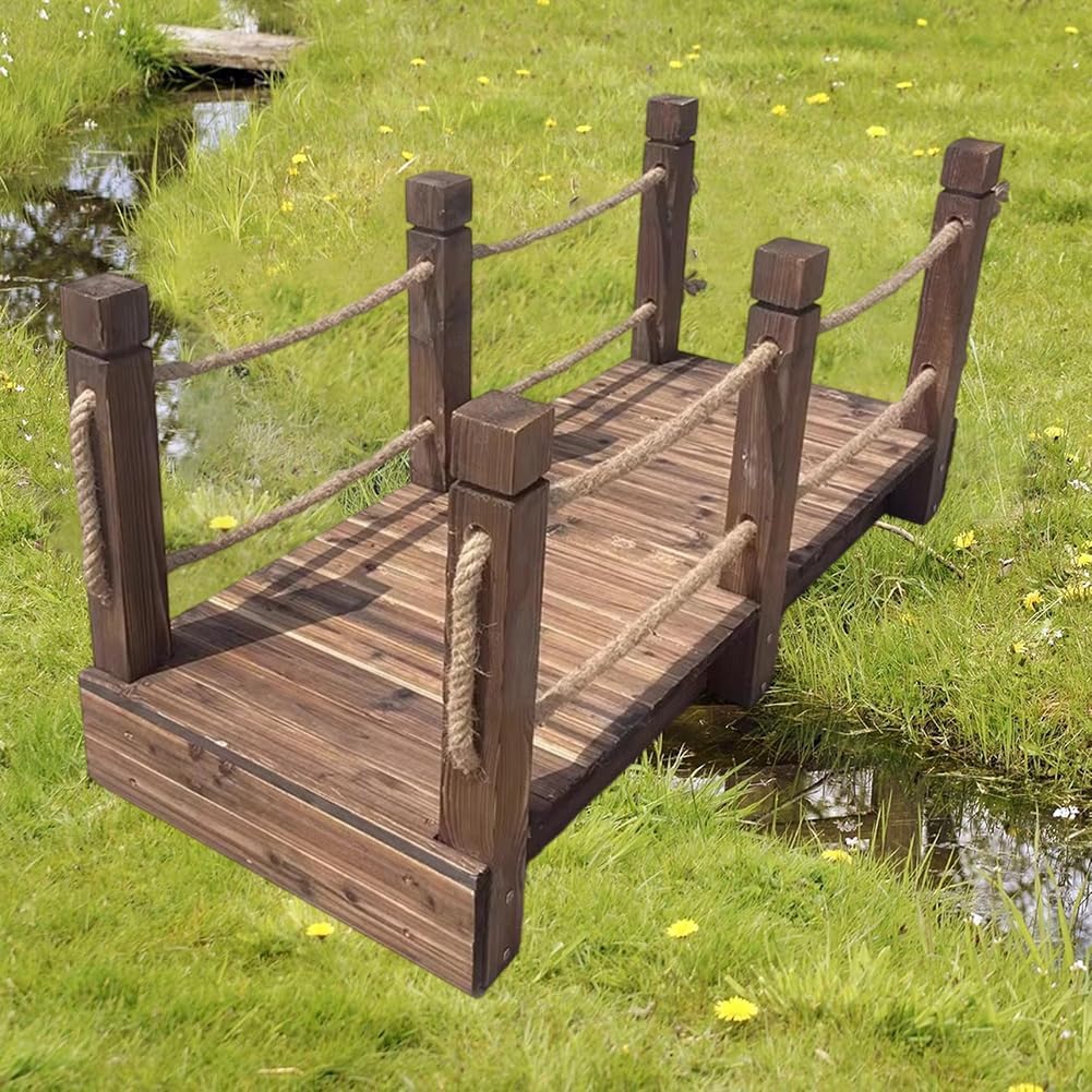 Outdoor Wooden Garden Bridge with Rope Handrail, 4.6/5.9Ft Rectangular Footbridge, Vintage Country Pond Bridge Decoration, 300Kg Load-Bearing, Walking Landscape Bridge,L140×w60×h65cm