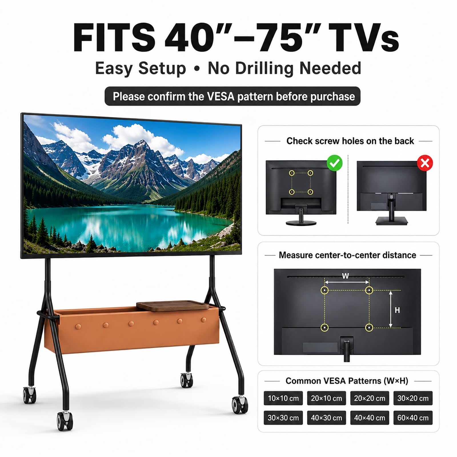 Supporto TV Mobile con Ruote, Carrello TV Mobile | Acciaio al Carbonio, Ruote Bloccabili, Scatola Portaoggetti, Pegboard DIY(Black)