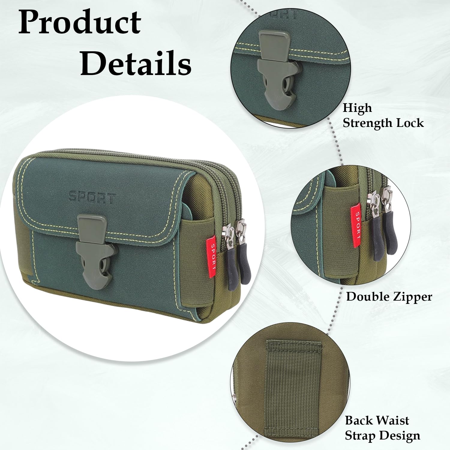 MOMISY Nylon Travel Utility Pouch for Men's β Solid Color Outdoor Phone Bag with Buckle & Dual Zipper Compartments (Green) 2