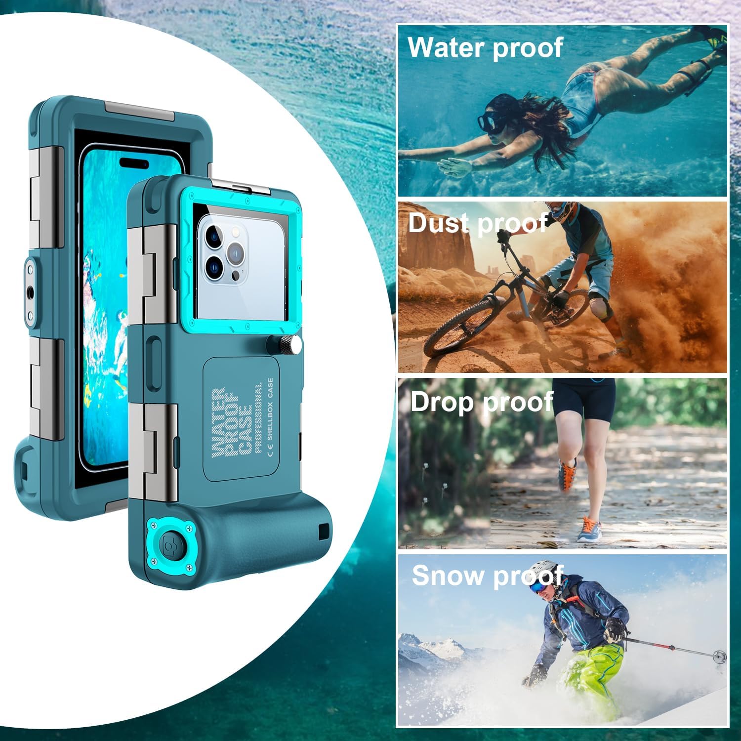 Underwater Snorkeling Diving Phone Case for iPhone 17/16/15/14/13/12/11Pro Max/XR/XS/X Samsung Galaxy S25/24/23/22/21, Professional Scuba Dive Waterproof Housing Underwater Photo Video(Teal-Blue)