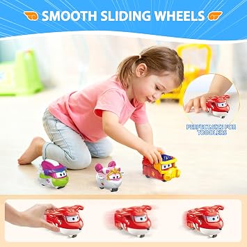 Super Wings 2インチ Transform-a-Bots 4個パック、スーパーチャージジェット、キュリー、ルニ、サラ、飛行機のおもちゃ、乗り物ミニフィギュア、子供のための楽しいおもちゃ、変形可能なおもちゃ 3 4 5歳の男の子と女の子向け