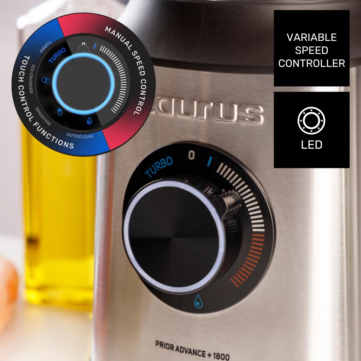 Taurus - Batidora de Vaso Prior 1800W, 20 Velocidades, Turbo + 4 Funciones, Pica Hielo, Smoothie, 6 Cuchillas, Filtro Antipulpa, Vaso Portátil, Apta Lavavajillas, Libre de BPA, Negro/Metálico