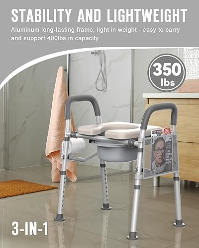 Miniatura 6 de Cómoda de cabecera para personas mayores con diseño ajustable (resistente 400 libras), asiento de inodoro elevado para discapacitados con asas