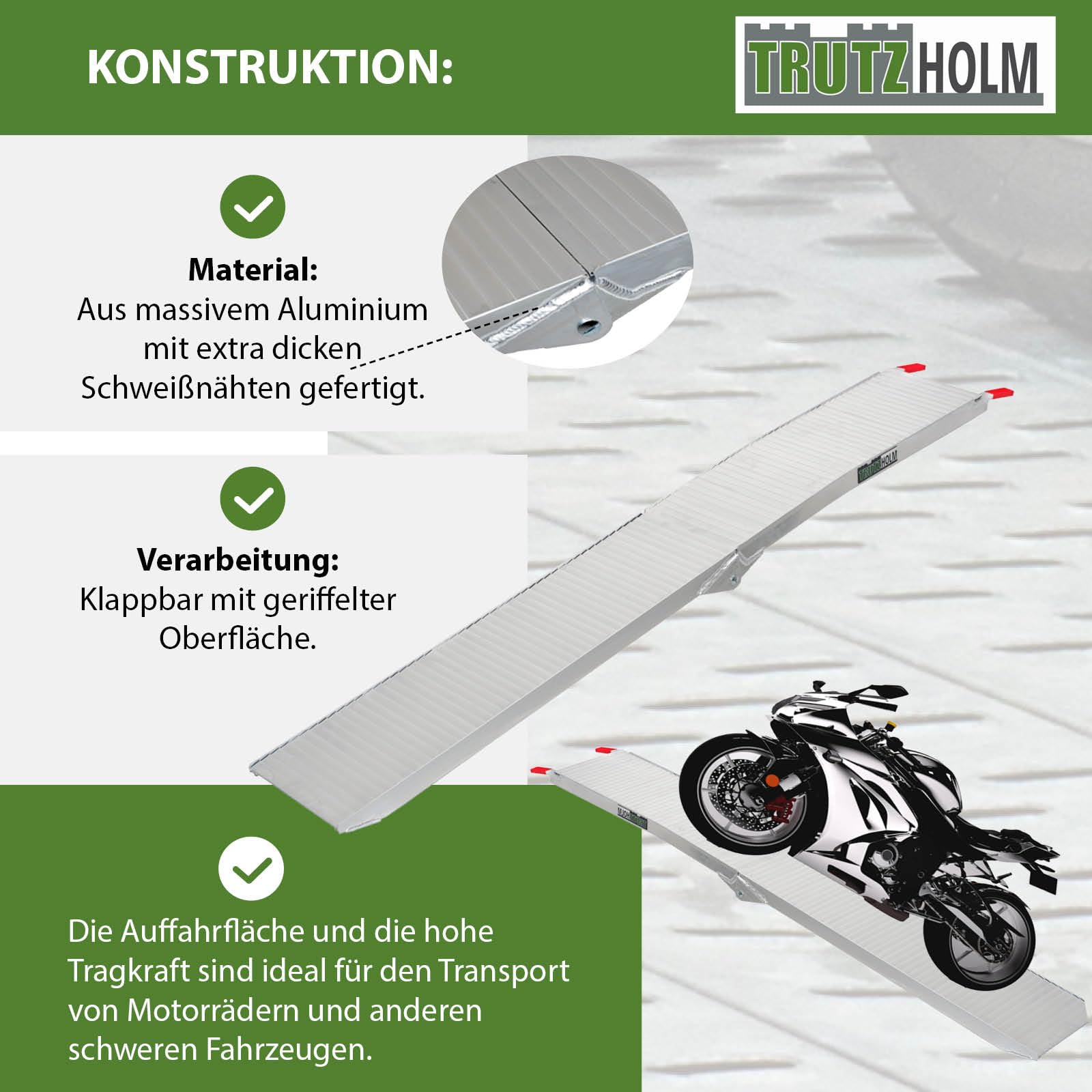 TRUTZHOLM 2x Auffahrrampe Alu klappbar 205 cm 340 kg Traglast je Rampe rutschfeste Lauffläche Breite 28 cm faltbare Motorradrampe extra leicht Verladerampe mit stabiler Konstruktion inkl. 2x Spanngurt