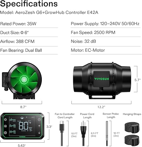 Miniatura 15 de VIVOSUN AeroZesh T4 Ventilador de conducto en línea, silencioso ventilador de escape de ventilación de 4 pulgadas 210 CFM con motor EC y controlador