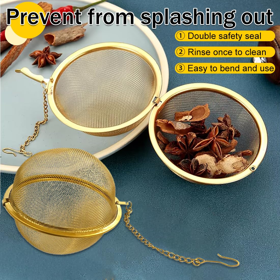 2 Unidades Bolas Infusoras Doradas de Acero Inoxidable 304, Colador de Té con Cadena para Té en Hojas y Especias, Diámetro 4.5 cm
