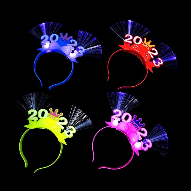 Amosfun 4Pcs 2023 Happy New Year Headband with LED Fiber Optic New Year Eve Hair Hoop Light Up Head Bopper Christmas Tiara Crown for 2022 New Year Party Supplies (Random Color)