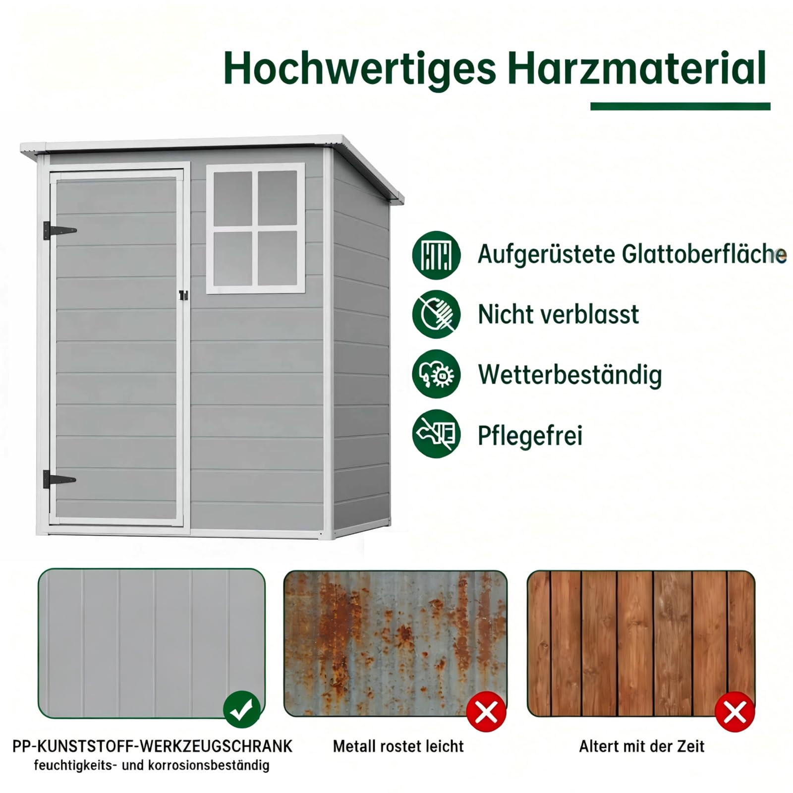 Kunststoff Gerätehaus mit Boden, 138x110.5x182 cm, wetterfestes Gartenhaus mit Fenster & abschließbarer Tür – ideal für Garten, Terrasse, Hinterhof & Werkzeuge