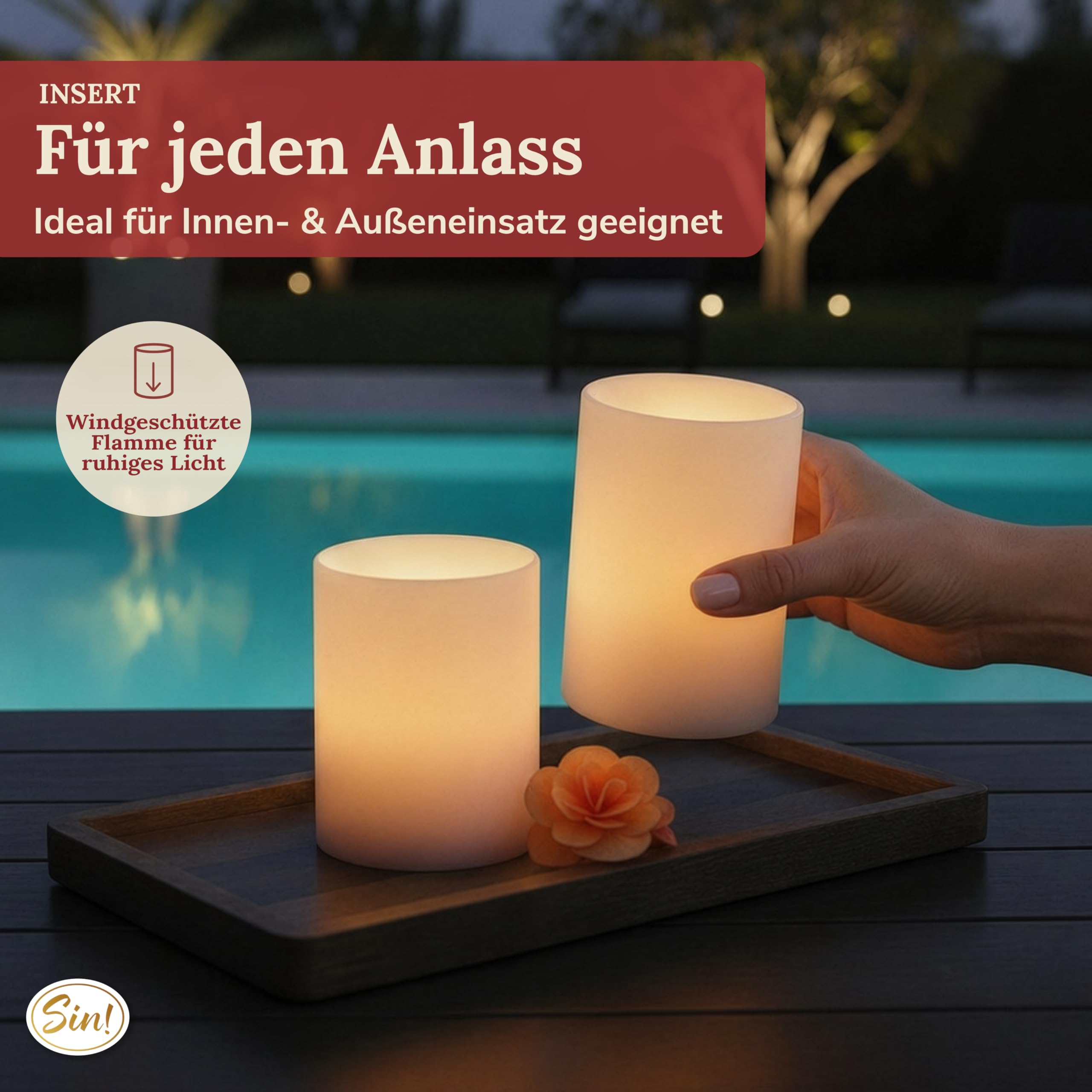 Sin!® 1x Teelichthalter & Stumpenkerze Insert ∅ 12 Höhe 12cm weiß - Die Kerze die nicht schmilzt! Kunststoff Dauerkerze inkl Teelicht 8 Std Brenndauer (Made in Germany) Kerzenoptik mit Teelichteinsatz