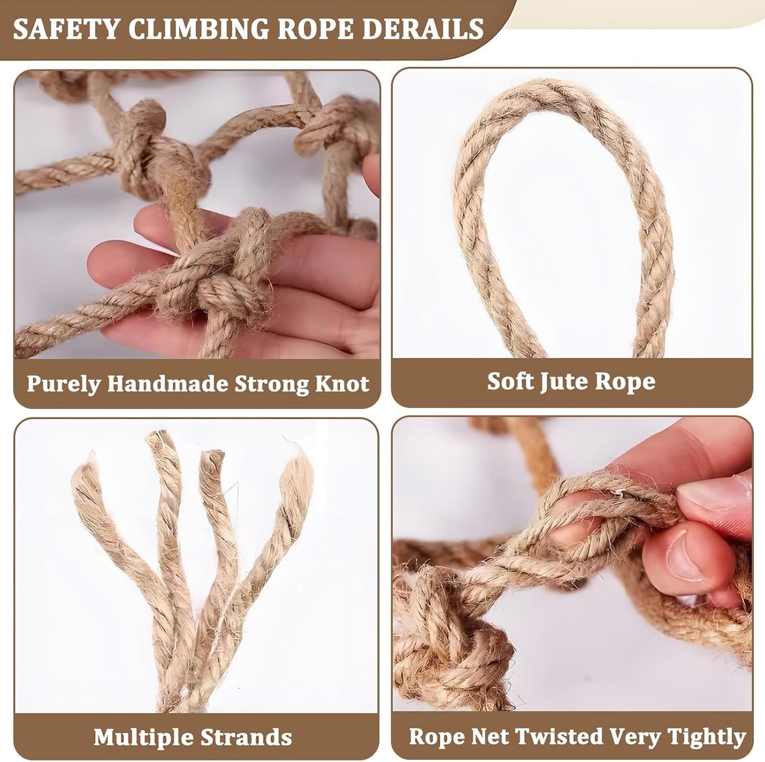 7x30FT Hemp Rope Net - 10mm Thick, Tear Resistant Treehouse Ladder with 12cm Mesh Spacing for Balcony, Garden, Stairs, and Scenic Railings Decoration