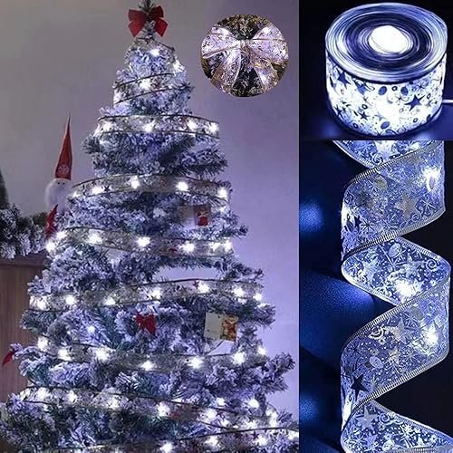 Luces de cinta de Navidad plateadas de 64 pies con 200 luces LED de hadas de alambre de cobre alimentadas por batería, lazos para decoración de