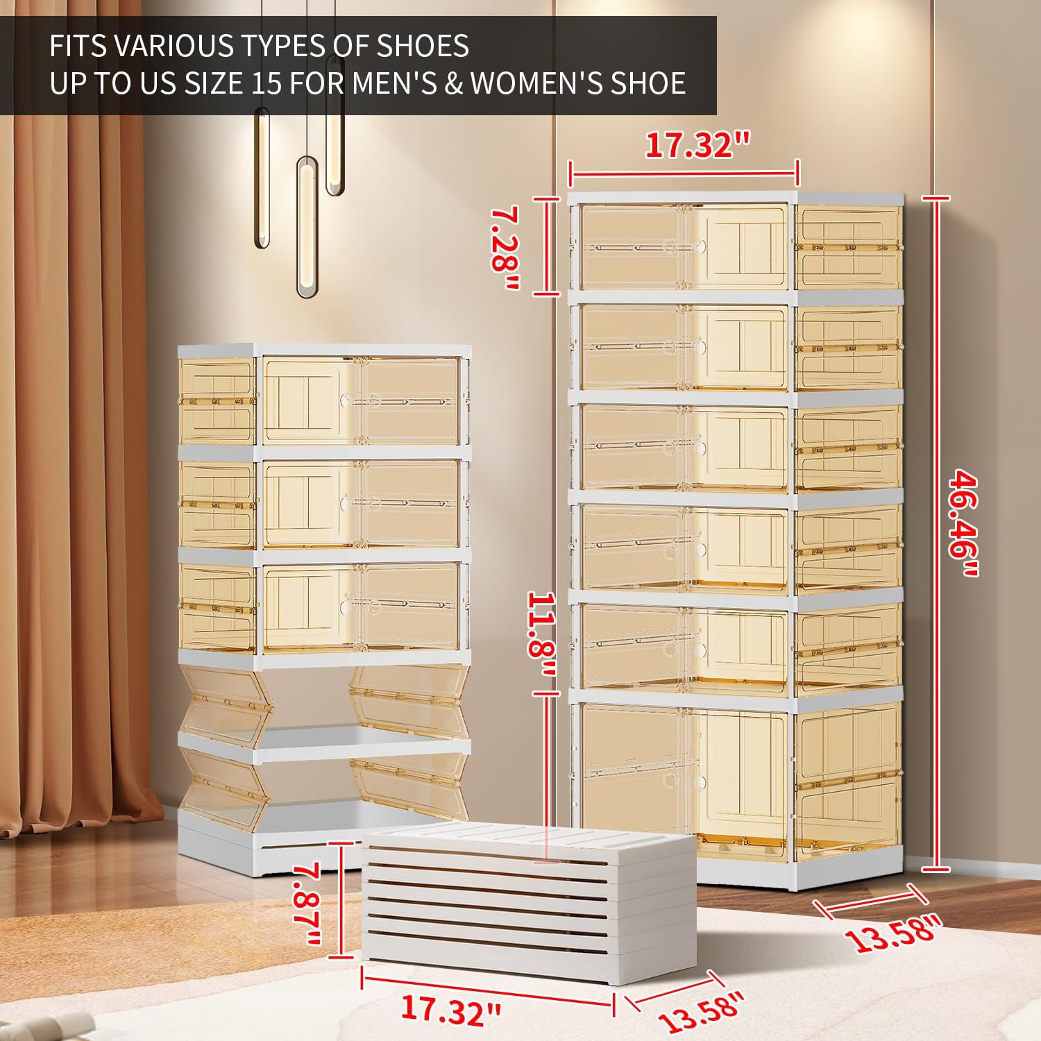 EHAMILY 6-Tier Foldable Shoe Rack Organizer with Doors, 12 Pairs, White image 3