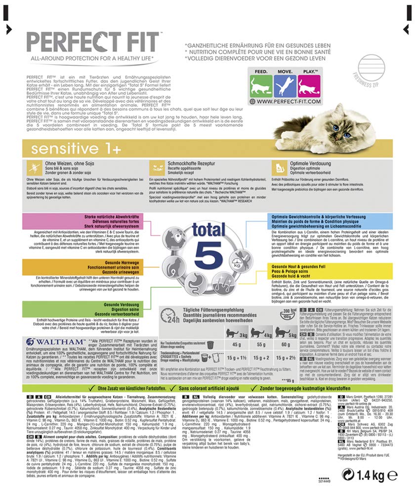 Perfect Fit Sensitive 1+ – Trockenfutter für erwachsene, sensible Katzen ab 1 Jahr – Reich an Truthahn – Ohne Weizen und Soja – Unterstützt die Verdauung – 4 x 1.4 kg