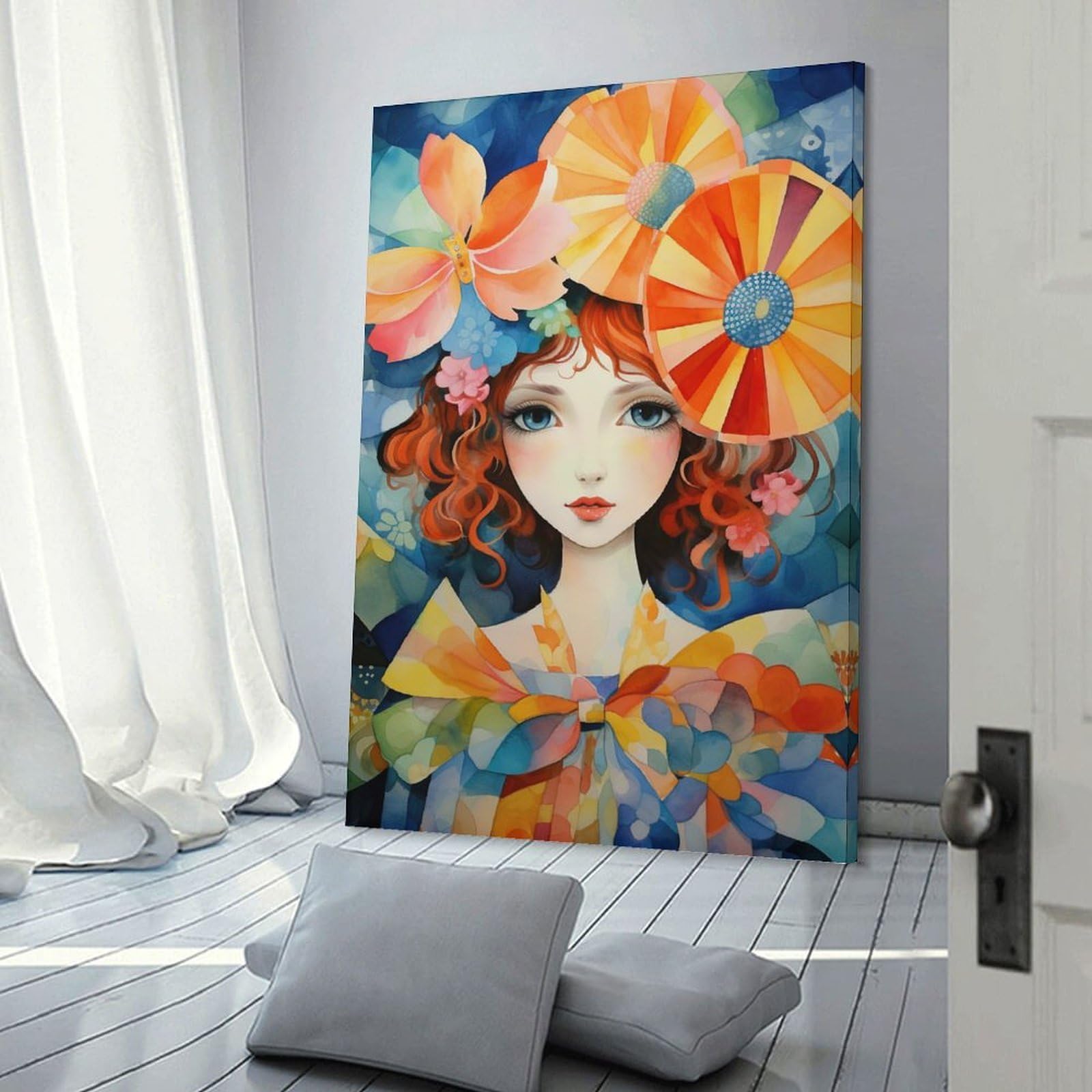 Junmoney Canvas Art Print Watercolor Portrait with Floral Accents, 12x18inch(30x45cm), for Living Room, Bedroom Or Home Office, A Wall Art Gift for Fresh Interiors